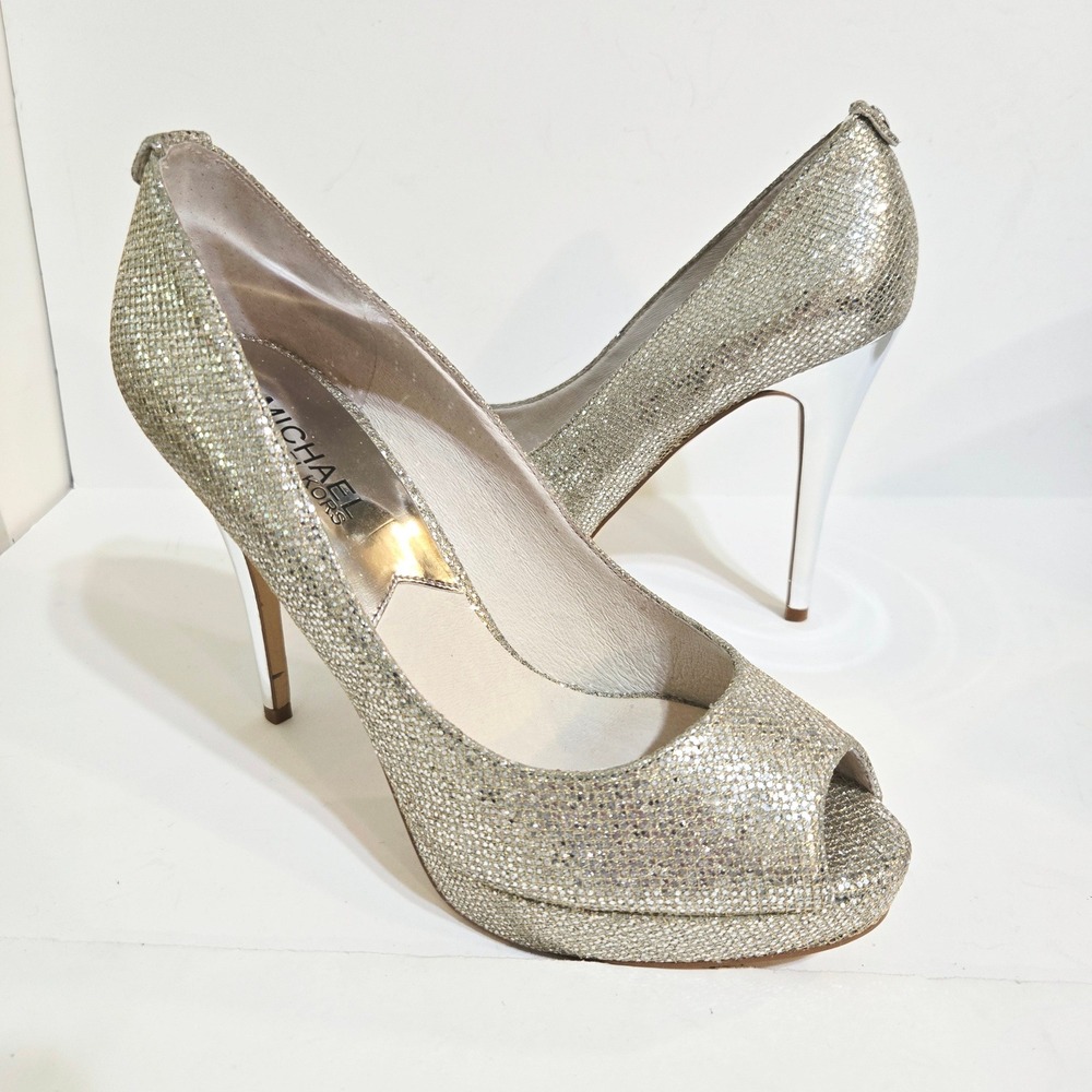 Michael Kors Platform Pumps 7M Silver Glitter Peep Toe 4.5" Stiletto Heel Dressy